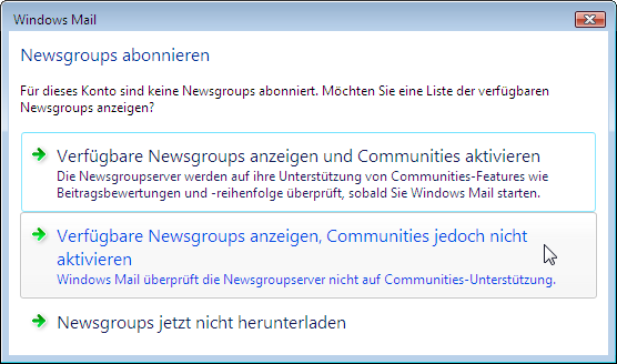 Liste verf&uuml;gbarer Newsgruppen holen