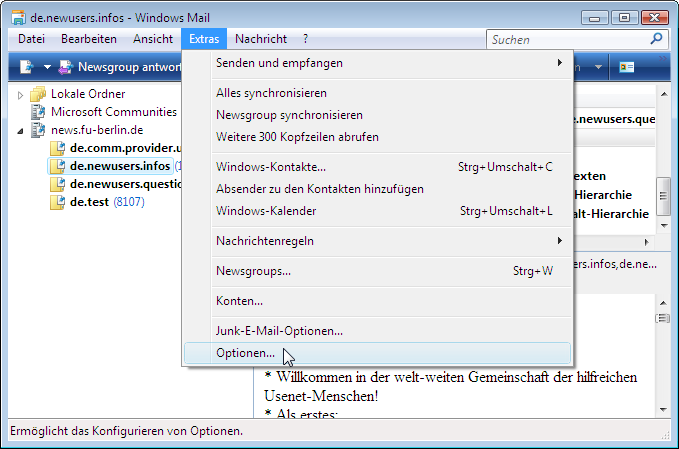 Men&uuml;: Extras / Optionen